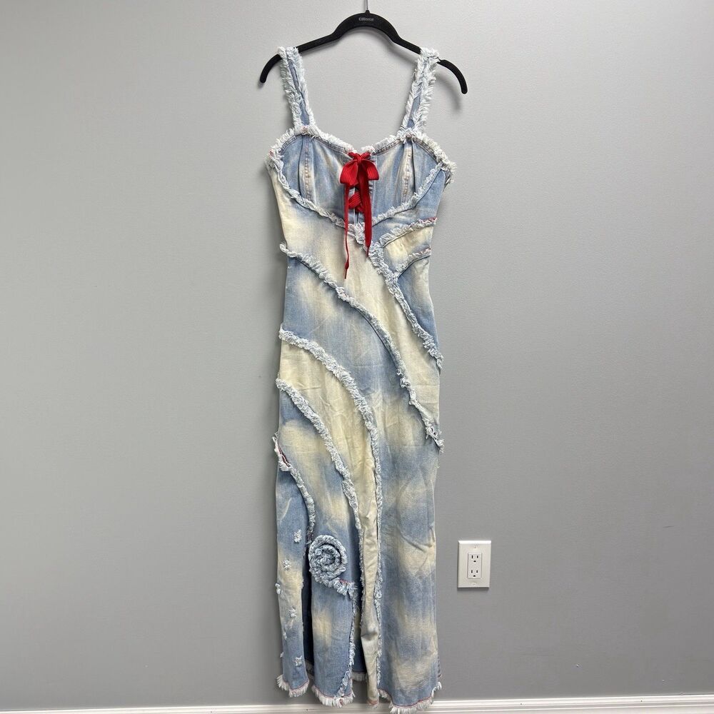 LGP Les Ginzesse de Paris Denim Maxi Dress Long Sz 2 Colorblock Bow Fringe Zip